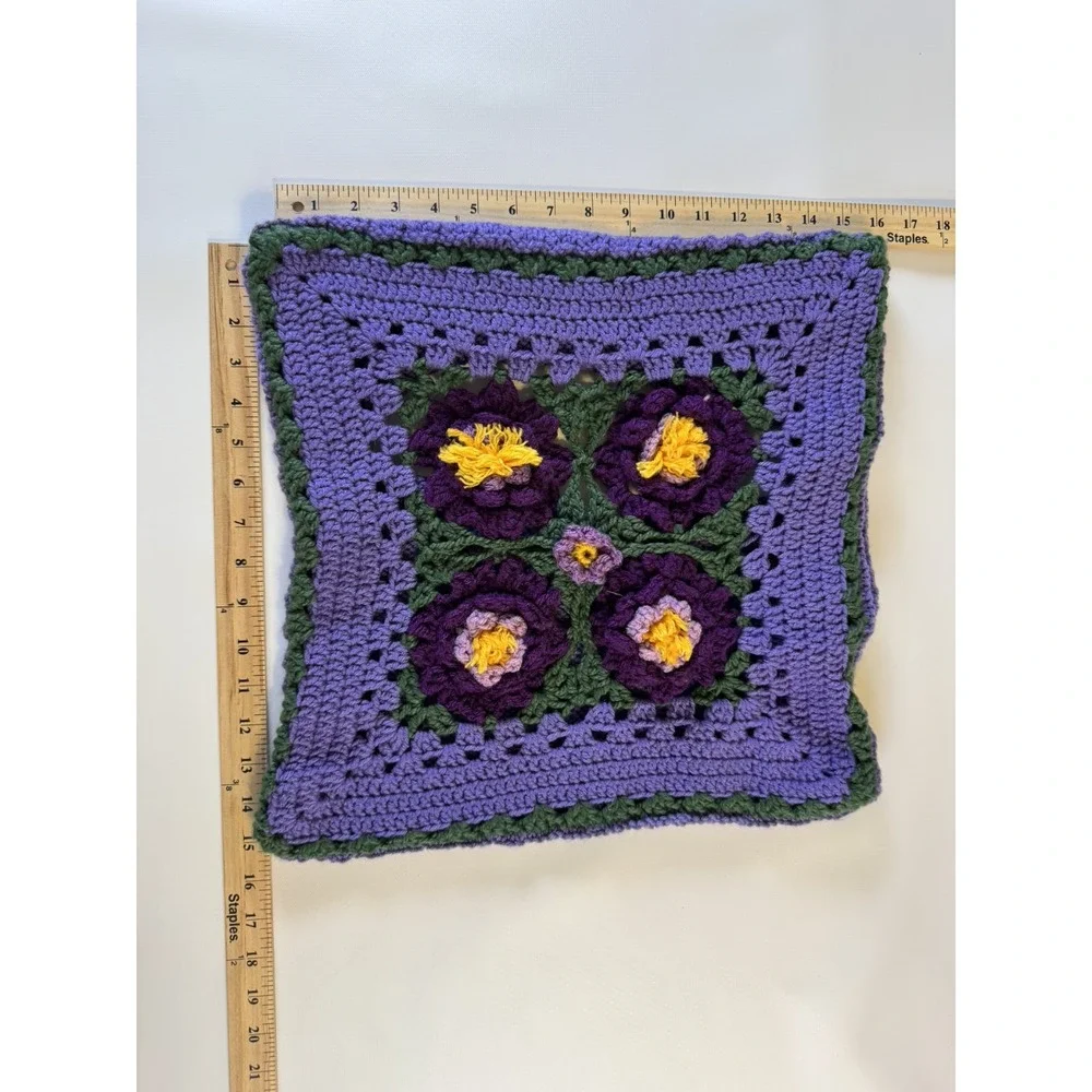 Handmade Crochet Floral Pillow Cover Purple Green Cottagecore Botanical 14x14